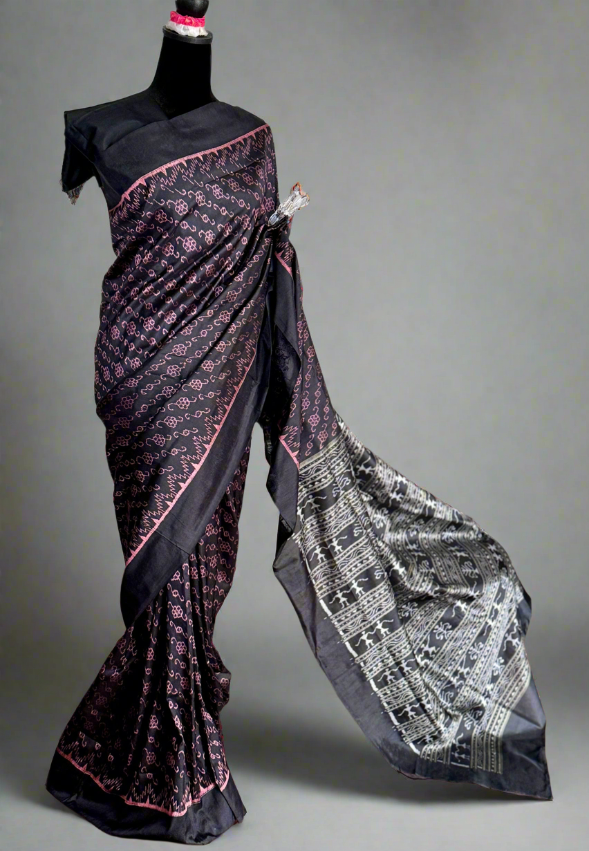 Masterweaved black Sambalpuri Ikat pure silk saree