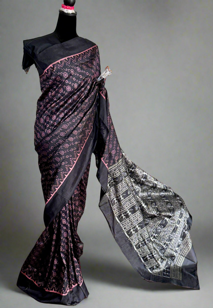 Masterweaved black Sambalpuri Ikat pure silk saree