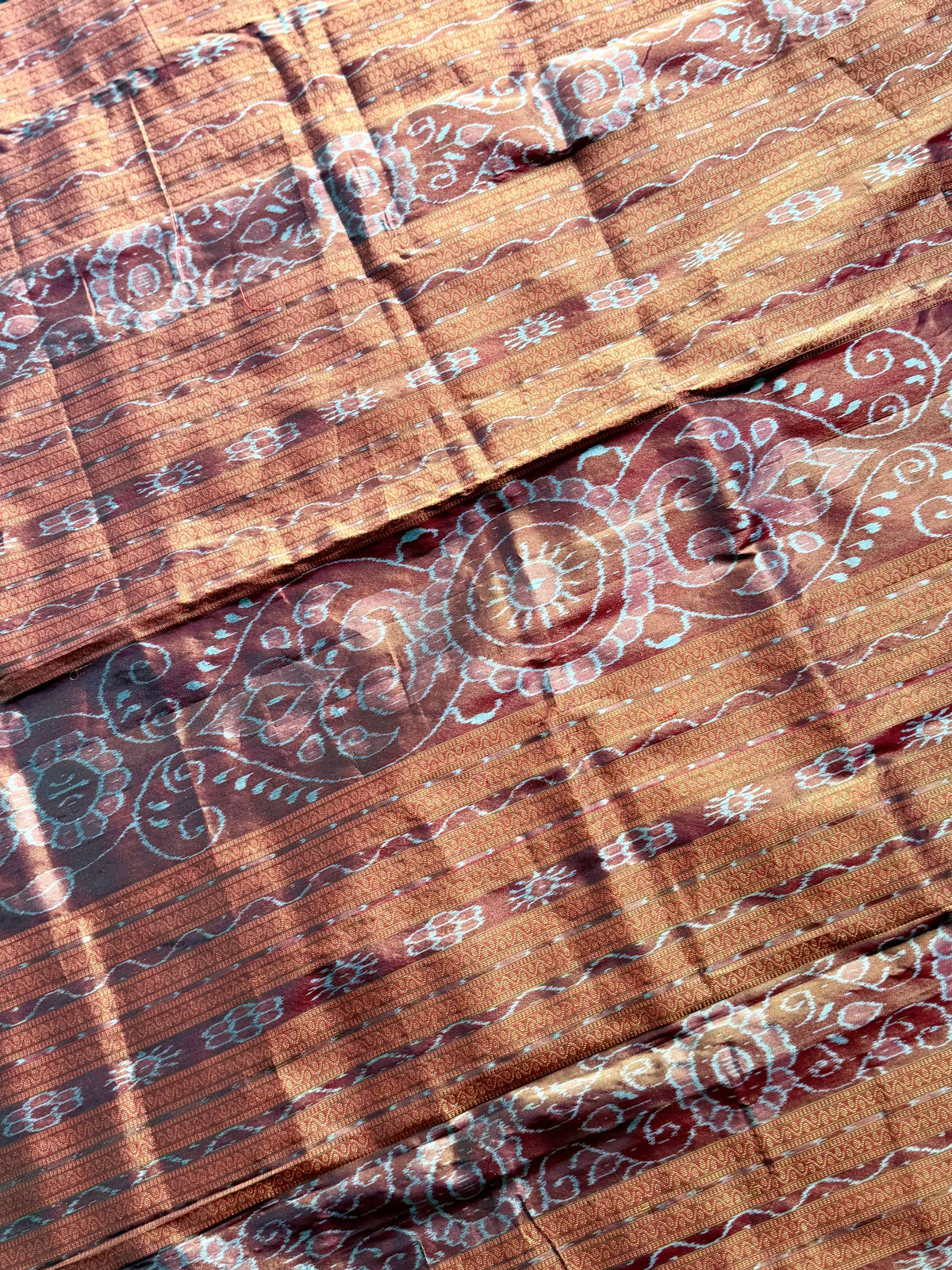 Black and rust red handwoven Sambalpuri pure Ikkat silk saree with tissue border and pallu | Odisha Weaves