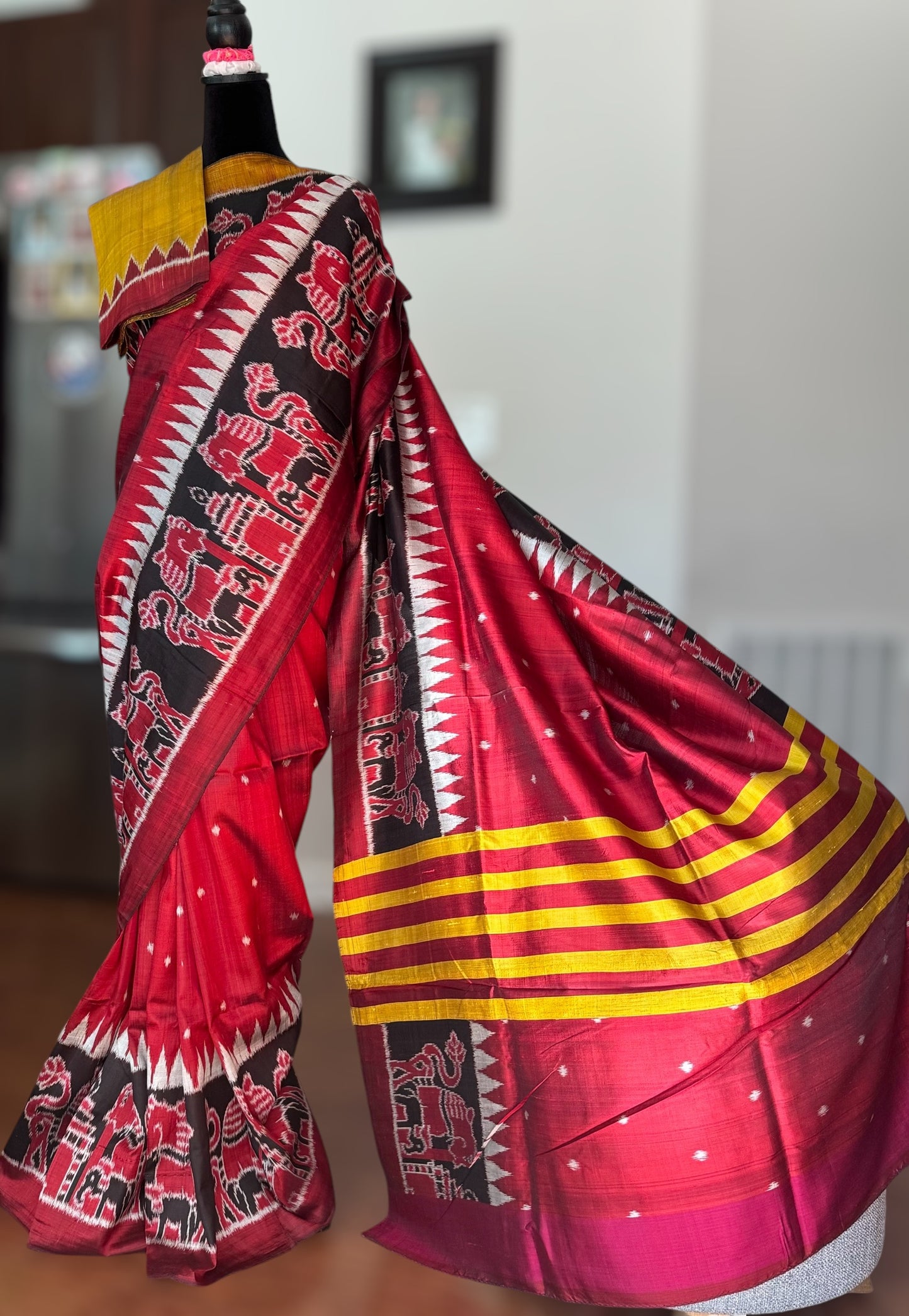 Maroon-ish Red Contemporary ikat pure silk Saree from Odisha weaves