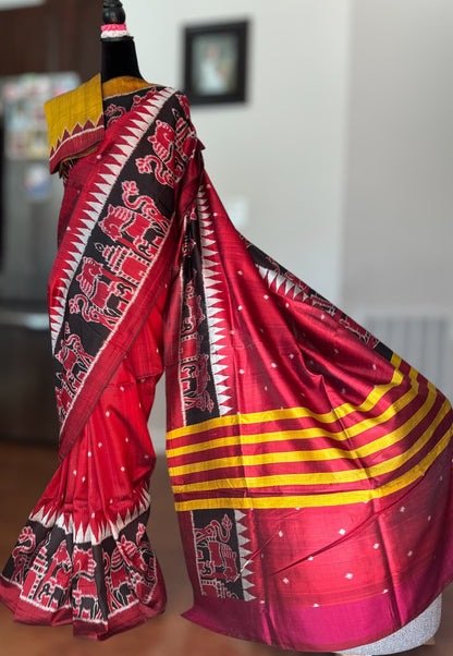 Maroon-ish Red Contemporary ikat pure silk Saree from Odisha weaves