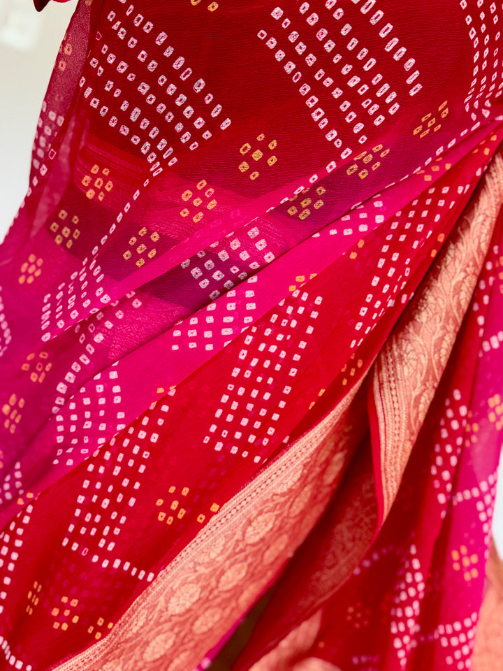 Pink with Red pure khaddi chiffon georgette rai bandhini saree