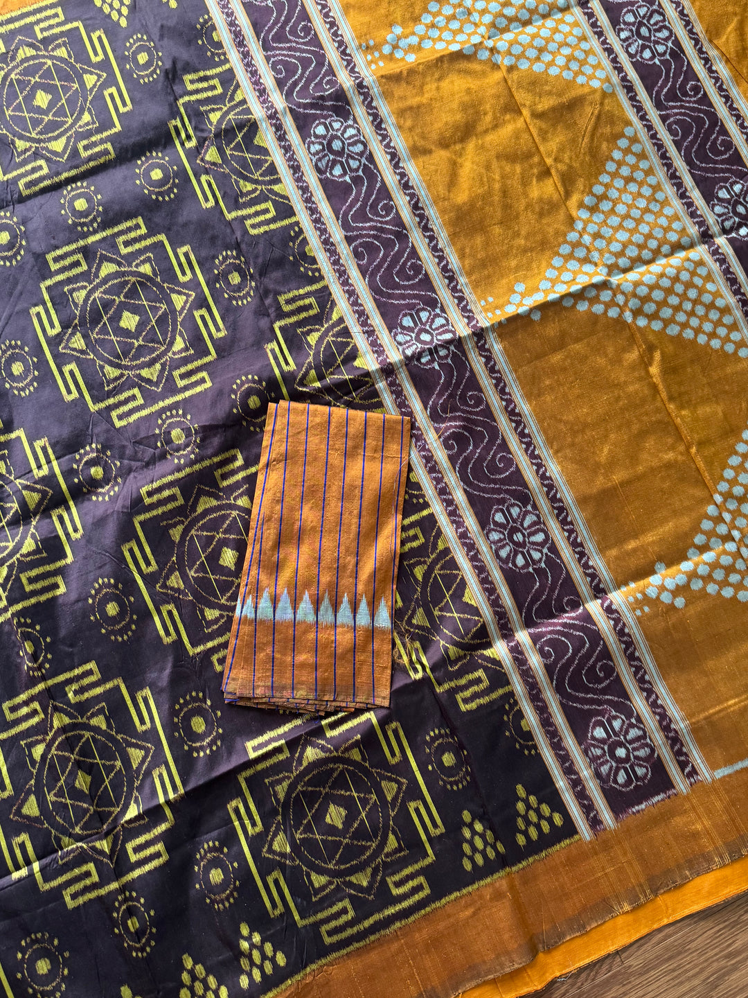 Dark Brown with yellow color handwoven yantra ikat pure silk saree|Odisha Weaves|Contemporary Ikat|