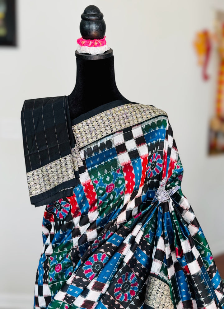 Handwoven Utkal Laxmi Sambalpuri ikat pure silk saree, Green Ikat pallu|Odisha Weaves|