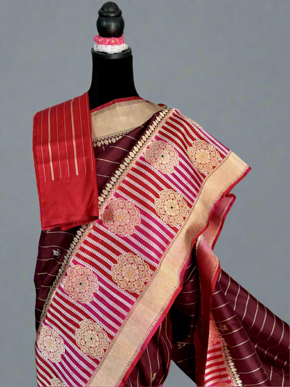 Maroon Luxurious Banarasi pure Katan Silk Saree with Rangkat Border