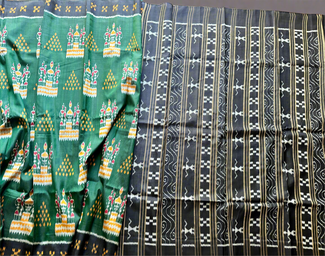 Dark Green Tribal Dance theme Contemporary Ikat Pure Silk Saree|Odisha Weaves