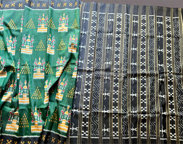 Dark Green Tribal Dance theme Contemporary Ikat Pure Silk Saree|Odisha Weaves