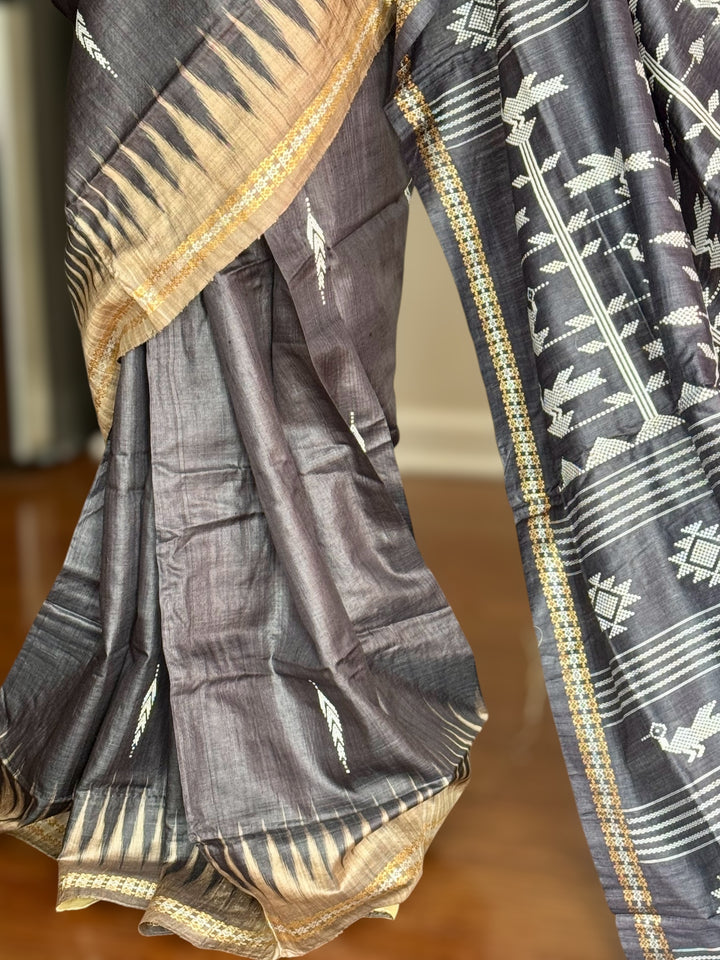 Ganjam Bomkai inspired handwoven pure Tussar silk saree in Black color