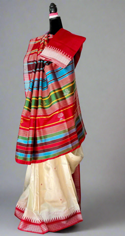 White and Red Berhampuri Double pallu Pure Silk Saree| Odisha Weaves