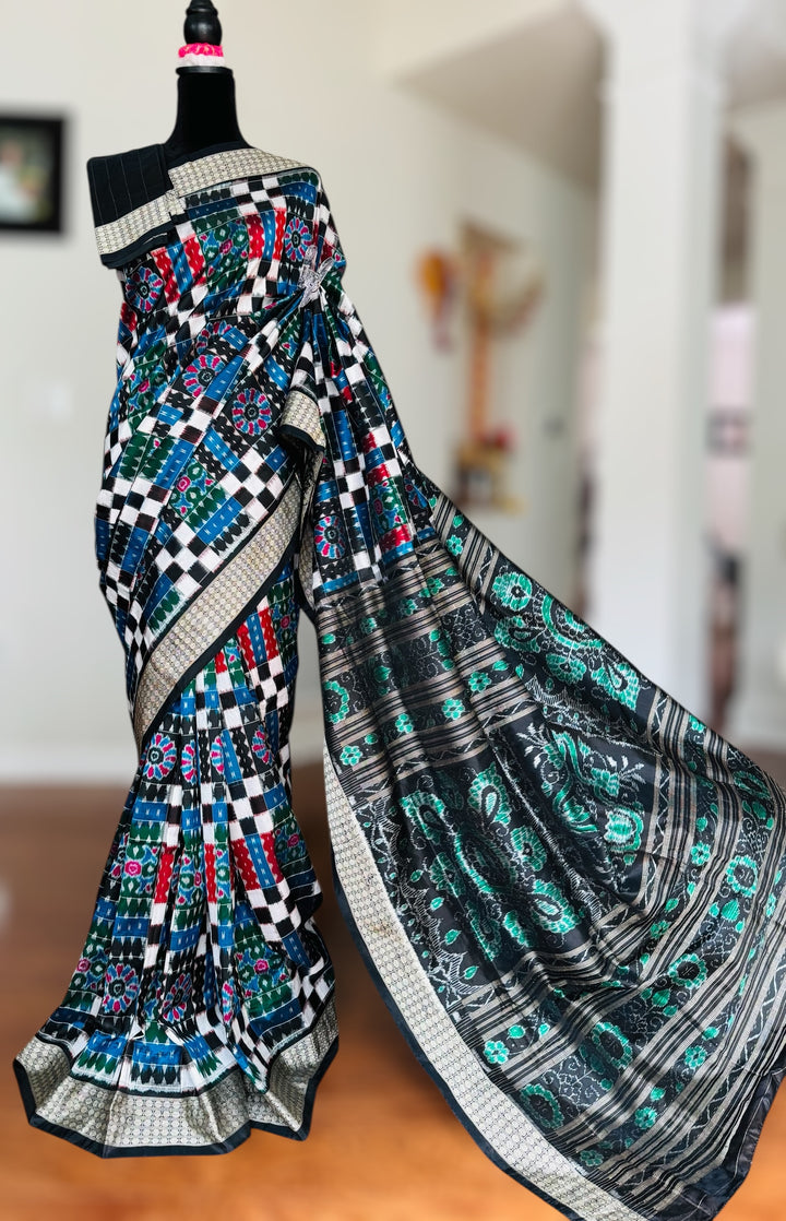 Handwoven Utkal Laxmi Sambalpuri ikat pure silk saree, Green Ikat pallu|Odisha Weaves|