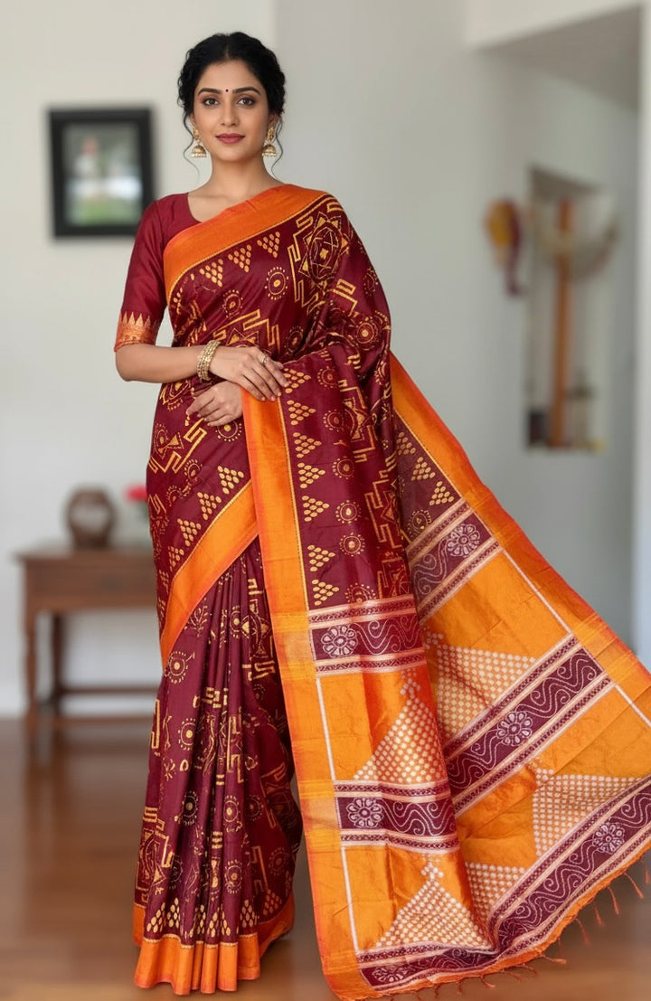 Maroon with yellow color handwoven ikat pure silk saree|Odisha Weaves|Contemporary Ikat|