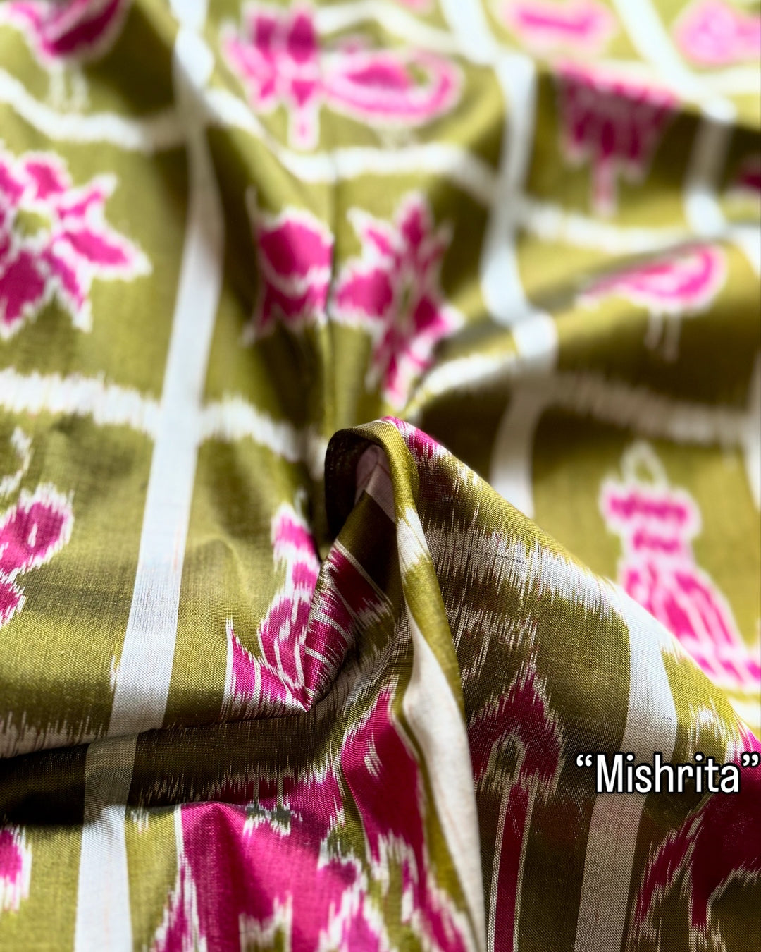 Olive Green Nabakothi Contemporary Ikat Pure Silk Saree|Odisha Weaves|Mishrita