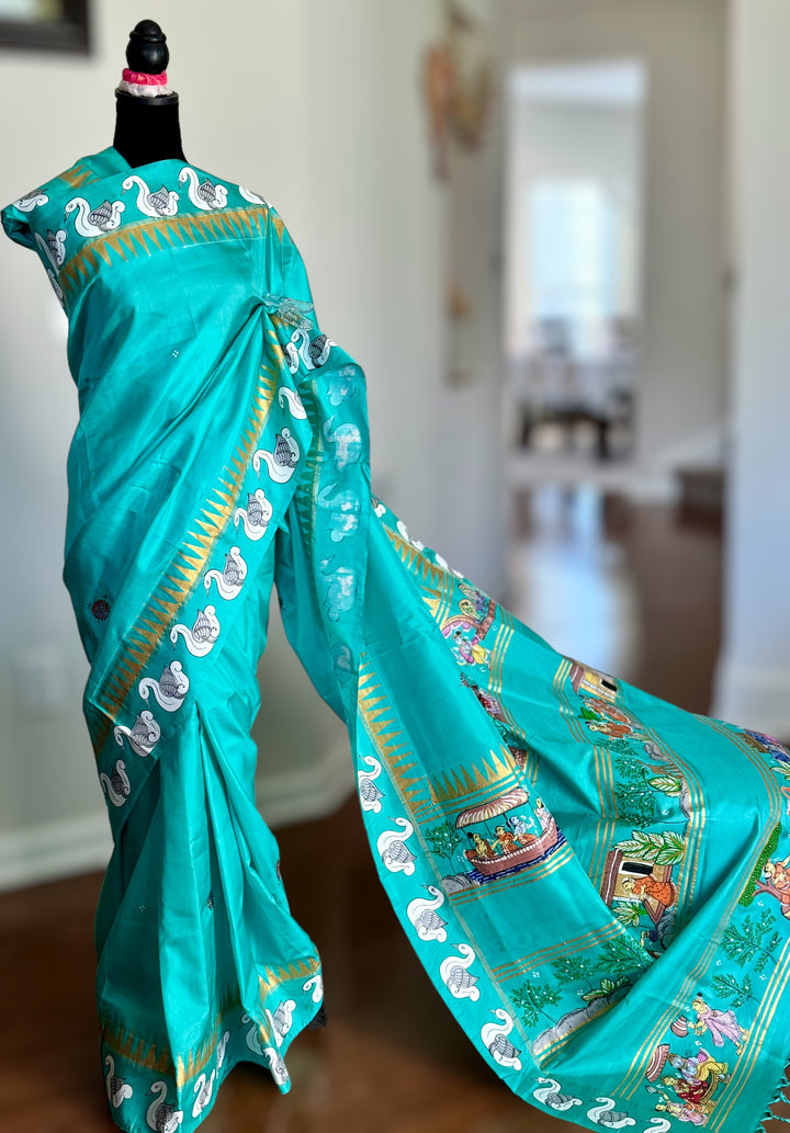 Ramayan theme Odisha Pattachitra on Kanjivaram soft silk saree