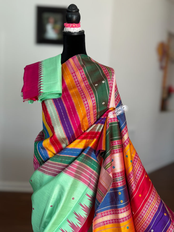 Aqua color Berhampuri Pure Silk Saree with Colorful double pallu