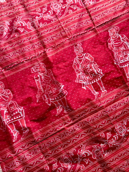 Ice-blue and red handwoven Sambalpuri pure Ikkat silk saree with pasapali border| Odisha Weaves