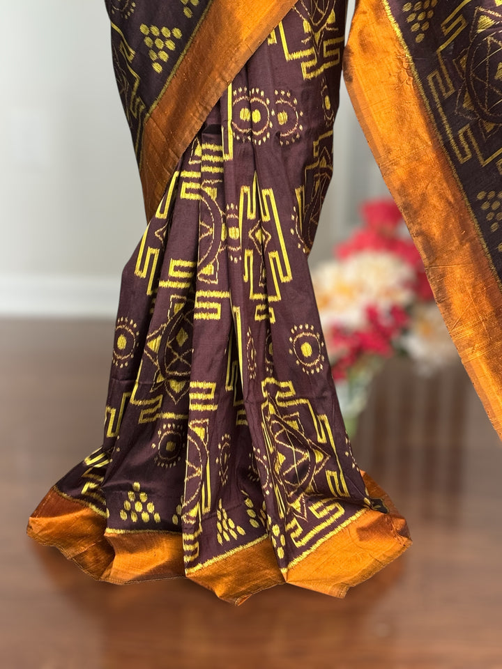 Dark Brown with yellow color handwoven yantra ikat pure silk saree|Odisha Weaves|Contemporary Ikat|