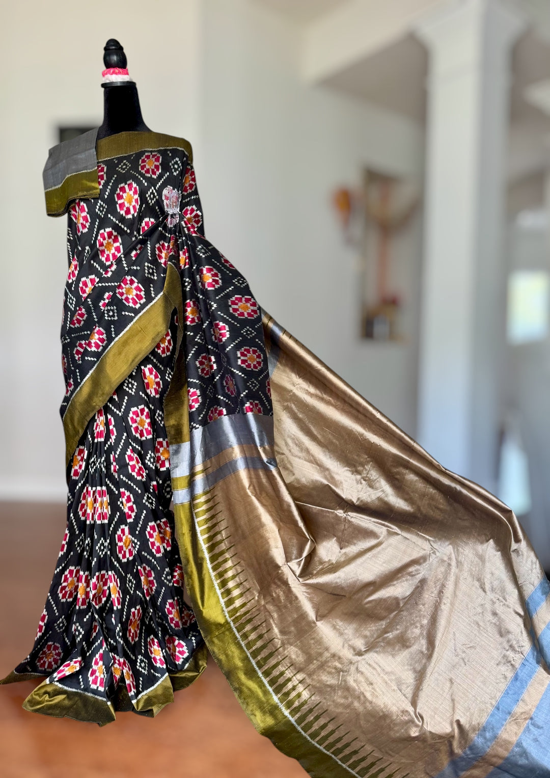 Black color handwoven ikat pure silk saree with Baghambari motif|Odisha Weaves|Contemporary Ikat|