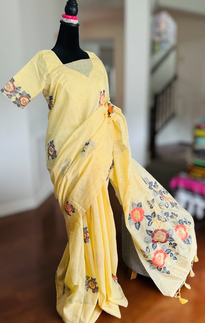 Light Yellow Linen by cotton saree with stitched blouse - Value Vogue Edition