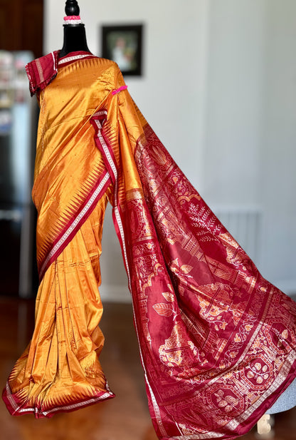 Pale Mustard Yellow Sambalpuri Ikat Pure Silk Saree with “Triphala” Ikat Pallu and Maroon Border