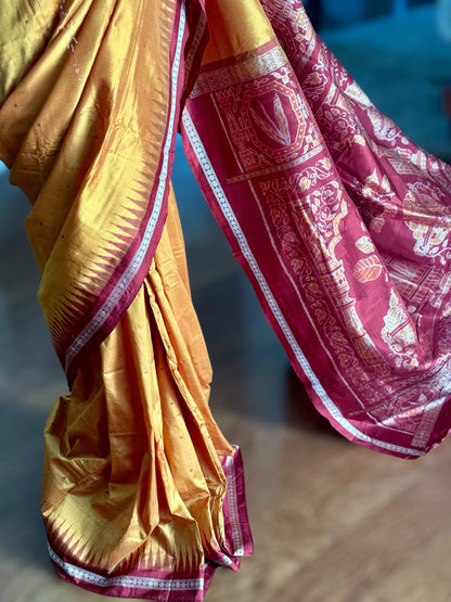 Pale Mustard Yellow Sambalpuri Ikat Pure Silk Saree with “Triphala” Ikat Pallu and Maroon Border