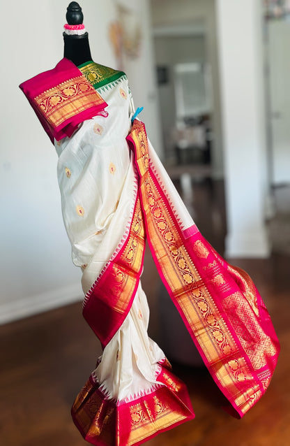 Cream color Ganga Jamuna Gadhwal Pure Silk saree