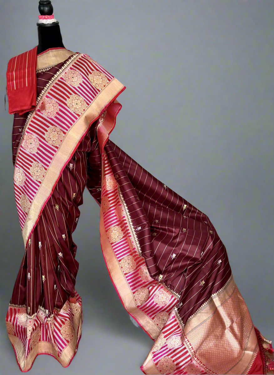 Maroon Luxurious Banarasi pure Katan Silk Saree with Rangkat Border