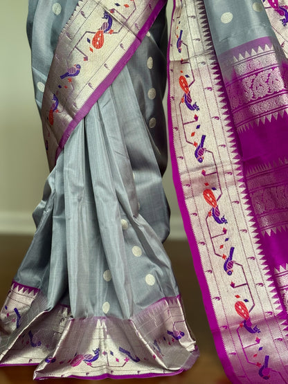 Grey purple high quality Venkatagiri handloom pure silk saree with Paithani border