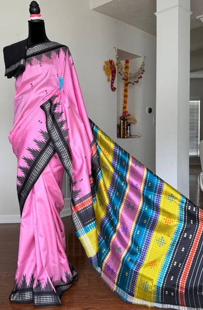 Onion pink traditional weaving Berhampuri colorful Single pallu Pure Silk Saree