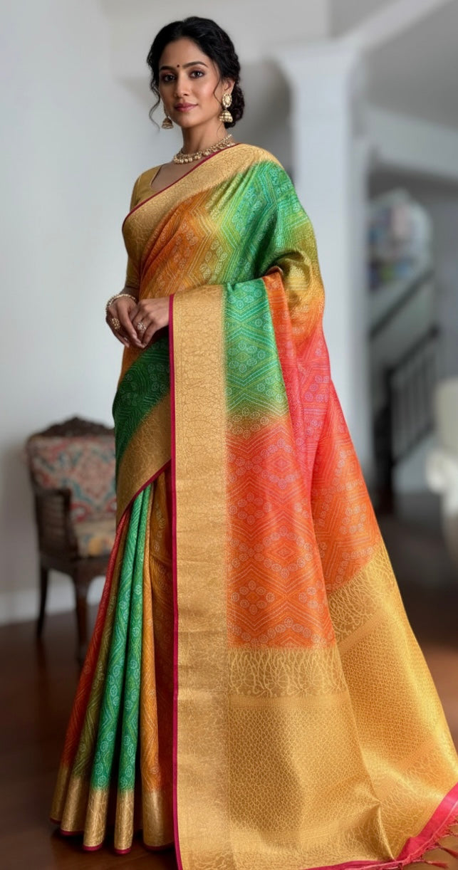 Multi colored Bandhini printed silk saree|Party Wear Saree|PPS