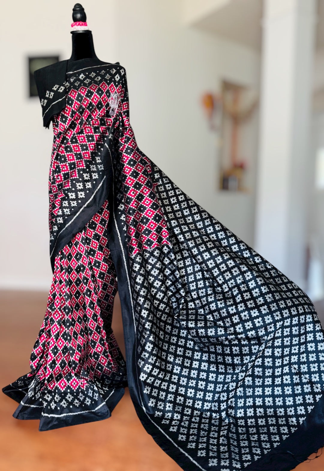 Black with red handwoven ikat pure silk saree|Odisha Weaves|Contemporary Ikat|