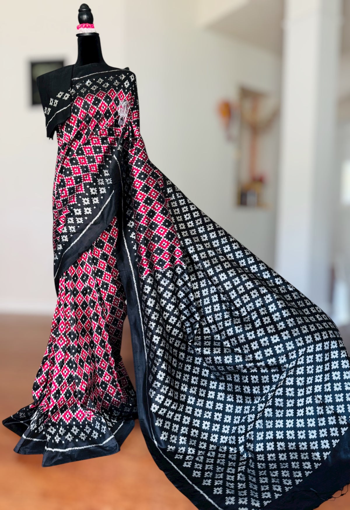 Black with red handwoven ikat pure silk saree|Odisha Weaves|Contemporary Ikat|Antara