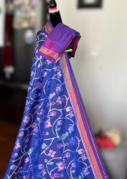 Blue with purple color semi (double) ikat patan Patola pure silk saree