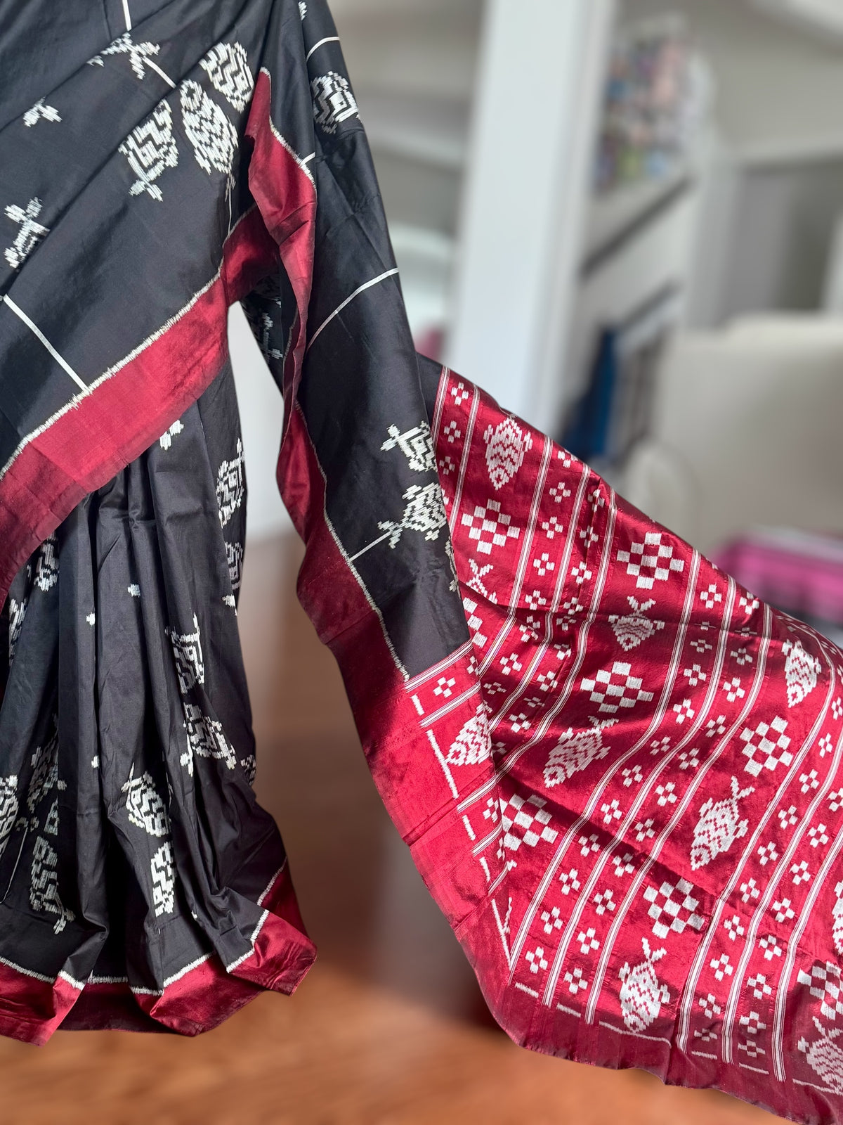 Black color fish motif handwoven ikat pure silk saree|Odisha Weaves|Contemporary Ikat|Antara