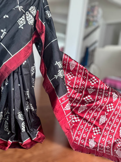 Black color fish motif handwoven ikat pure silk saree|Odisha Weaves|Contemporary Ikat|Antara