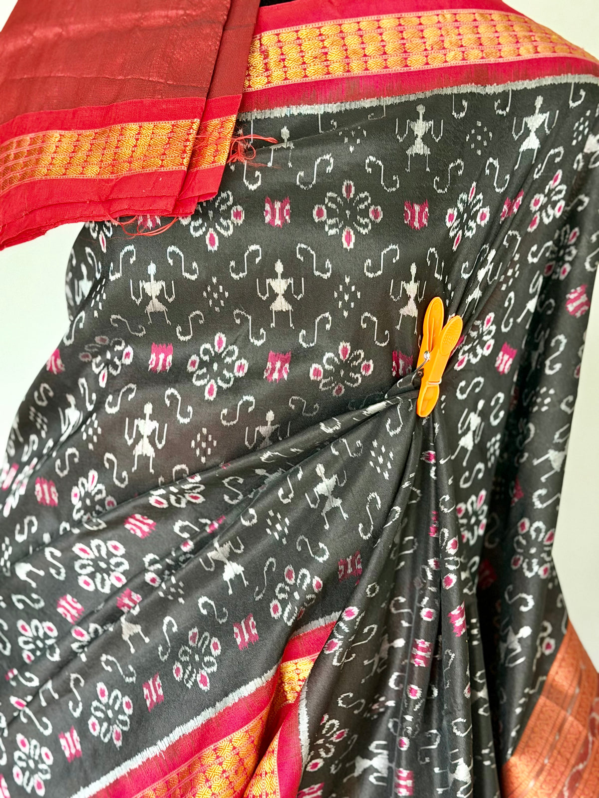 Black and rust red handwoven Sambalpuri pure Ikkat silk saree with tissue border and pallu | Odisha Weaves