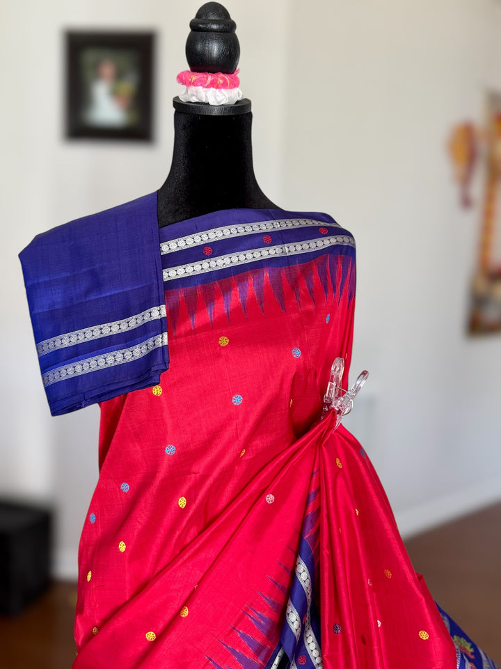 Gorgeous Red with Royal BlueNandighosa pure silk saree from Odisha Weaves| Bomkai|