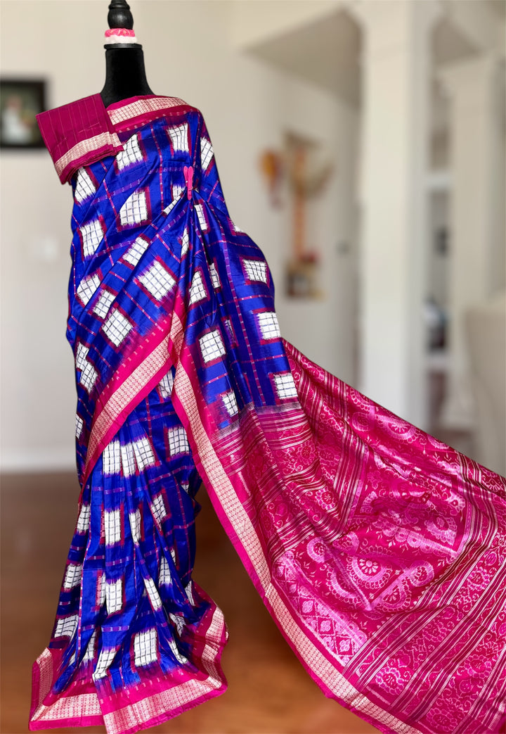 Handwoven Royal Blue Aswini Sambalpuri Double ikat pure silk saree|Odisha Weaves|