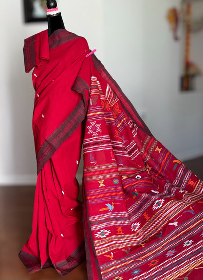 Maroon-ish Red Original Ganjam Bomkai Cotton Saree from Odisha Weaves