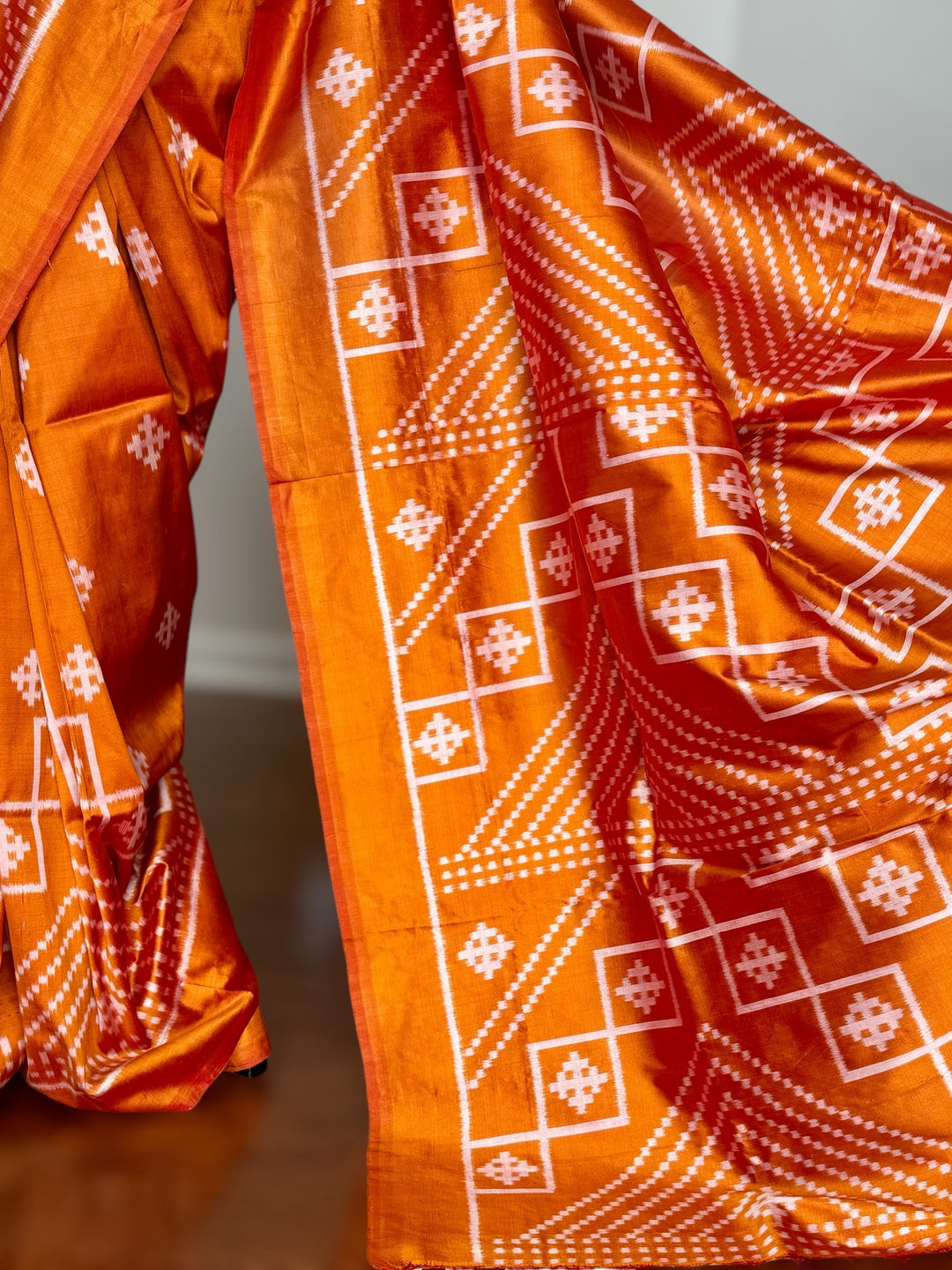 Orange color handwoven ikat pure silk saree|Odisha Weaves|Contemporary Ikat|