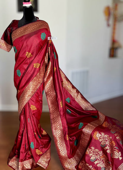 Lovely rust red designer weaved and textured saree with stitched blouse| Value Vogue