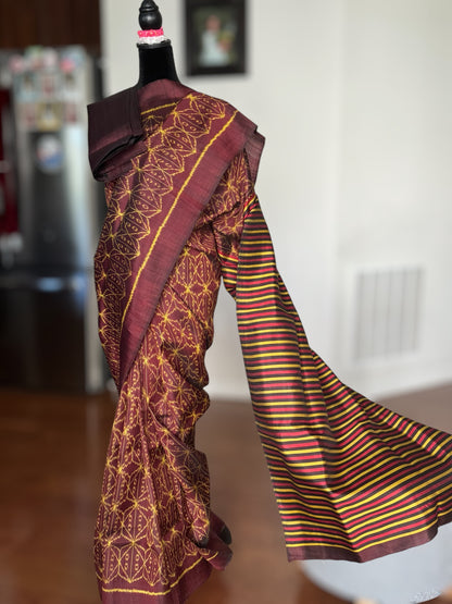 Brown Contemporary Pure silk ikat saree from Odisha weaves