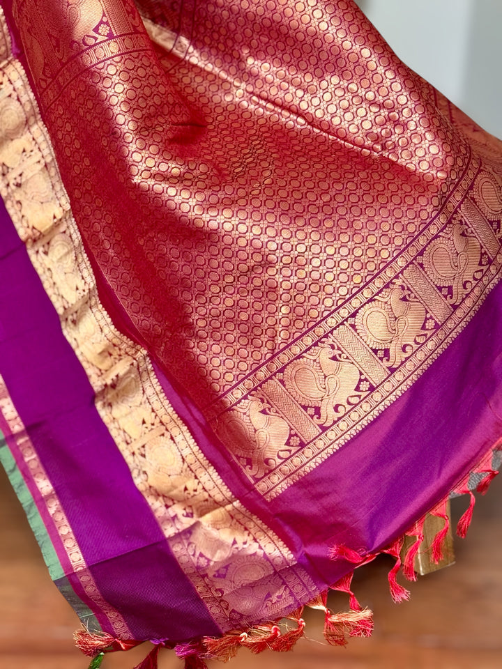 White Purple Ikkat (Pochampally)Silk Saree with Zari Woven Kanchipuram Border and Unstitched Blouse