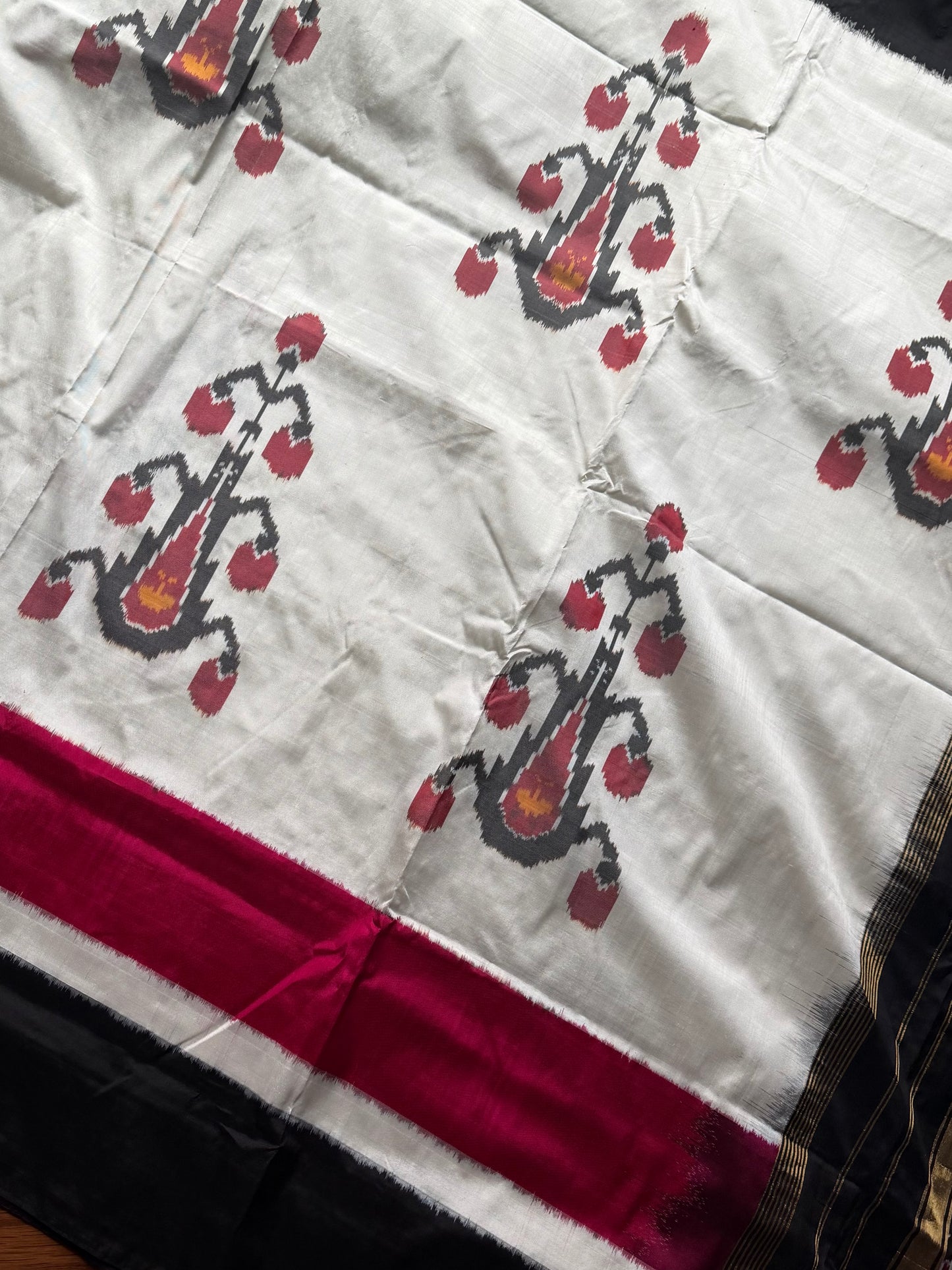 Cambodian inspired Pochampally handwoven double ikat pure silk saree| offwhite base| Sweta