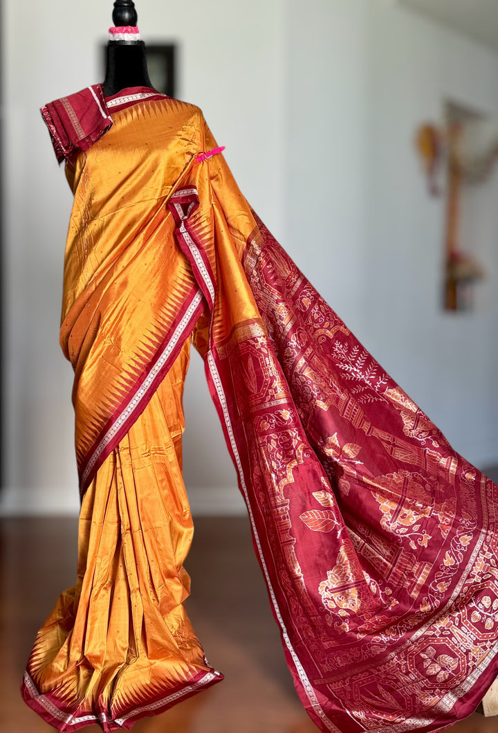 Pale Mustard Yellow Sambalpuri Ikat Pure Silk Saree with “Triphala” Ikat Pallu and Maroon Border |Odisha Weaves