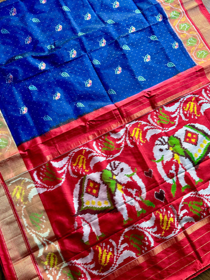 Elephant Pallu night blue with red combination Pochampally ikat pure silk saree