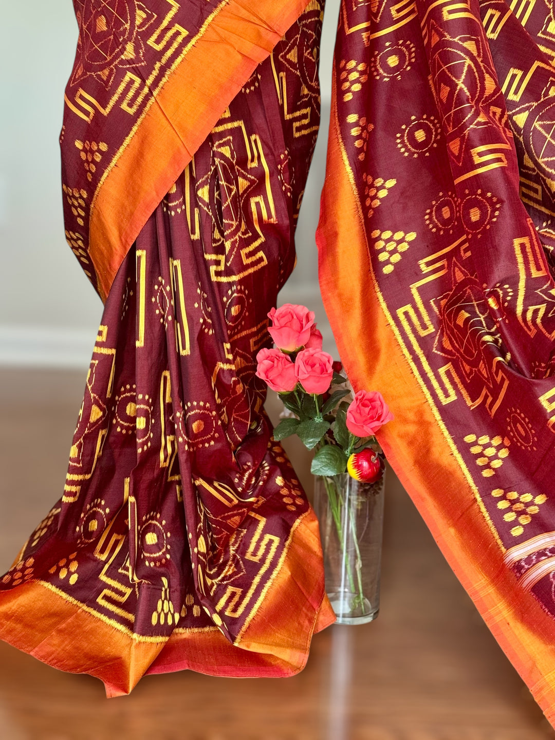 Maroon with yellow color handwoven ikat pure silk saree|Odisha Weaves|Contemporary Ikat|