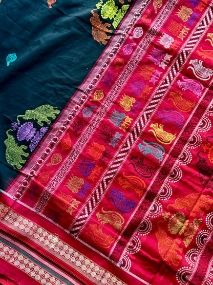 Handwoven Bomkai cotton saree in black red combinations