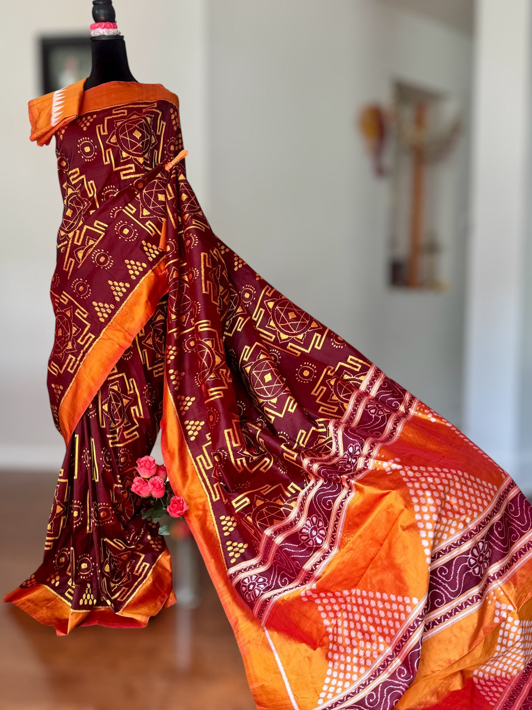 Maroon with yellow color handwoven ikat pure silk saree|Odisha Weaves|Contemporary Ikat|