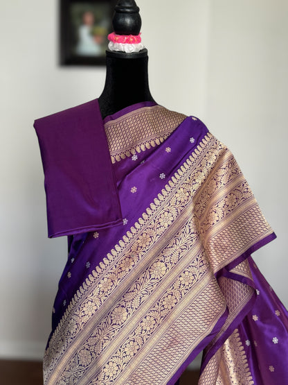 Exquisite piece of Banarasi handloom katan pure silk saree in purple