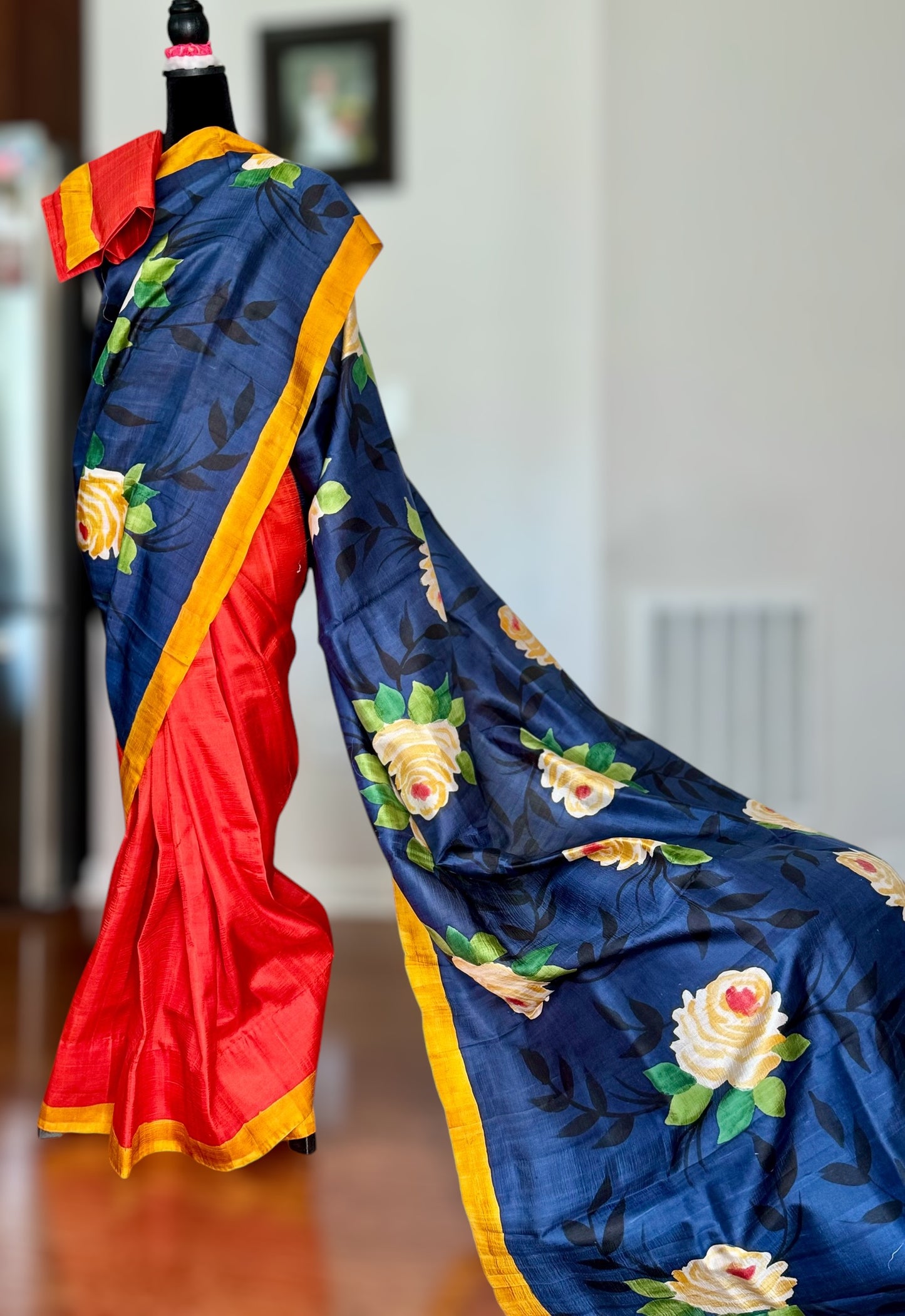 Orange with blue combination half saree concept Light weight bishnupuri hand painted pure silk saree|Value Vogue